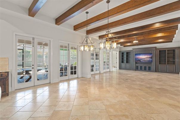 Chandelier, Empty room, Interior, Pendant Lights, Wooden Beams