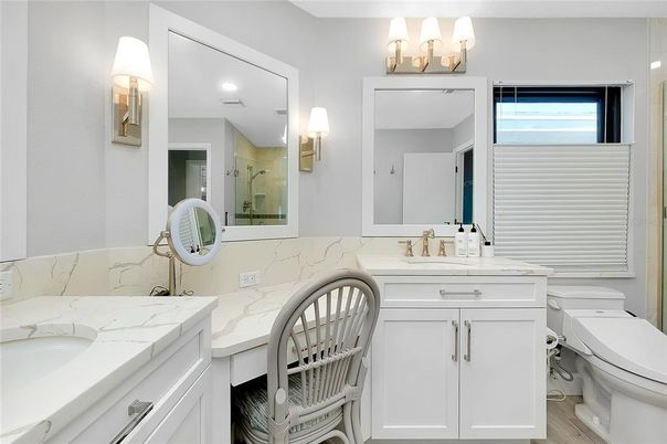 Bathroom, Dual Sink Vanities, Interior, Recessed Lighting, Wood Texture Flooring