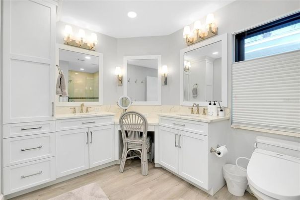 Bathroom, Dual Sink Vanities, Interior, Recessed Lighting, Wood Texture Flooring