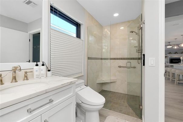 Bathroom, Glass Shower, Interior, Recessed Lighting, Wood Texture Flooring