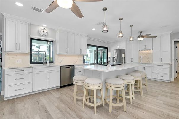 Interior, Kitchen, Pendant Lights, Recessed Lighting, Stainless Steel Appliances, Wood Texture Flooring