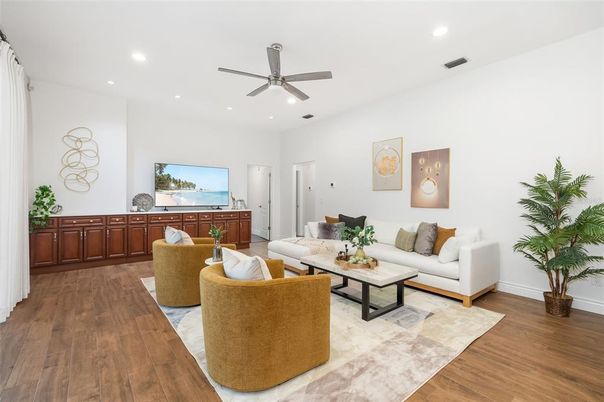 Interior, Living room, Recessed Lighting, Wood Texture Flooring