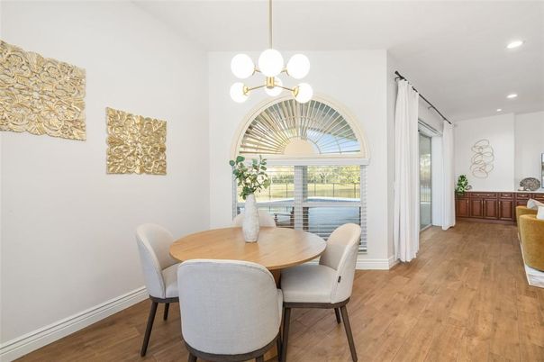 Dining room, Interior, Pendant Lights, Recessed Lighting, Wood Texture Flooring