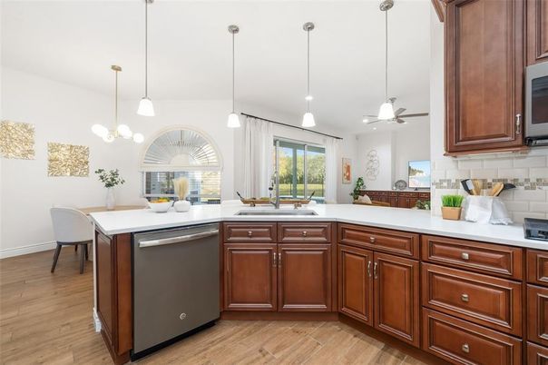 Dining room, Interior, Kitchen, Pendant Lights, Wood Texture Flooring