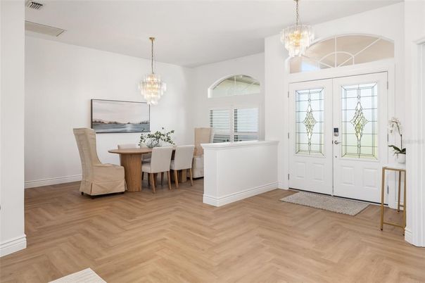 Chandelier, Dining room, Interior, Pendant Lights, Wood Texture Flooring
