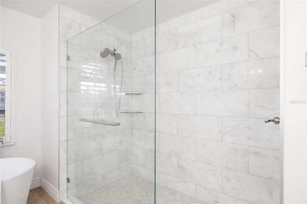 Bathroom, Free Standing Baths, Glass Shower, Interior, Marble Walls