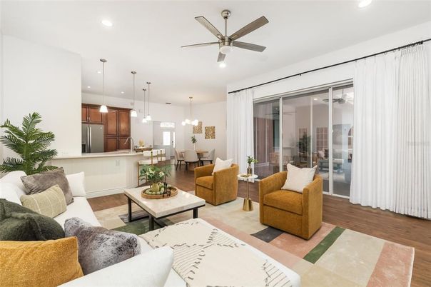 Dining room, Interior, Kitchen, Living room, Pendant Lights, Recessed Lighting, Stainless Steel Appliances, Wood Texture Flooring