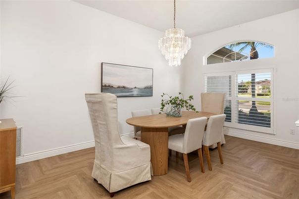 Chandelier, Dining room, Interior, Wood Texture Flooring