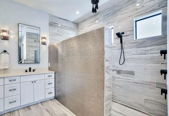 Bathroom, Glass Shower, Interior, Marble Walls, Recessed Lighting, Wood Texture Flooring