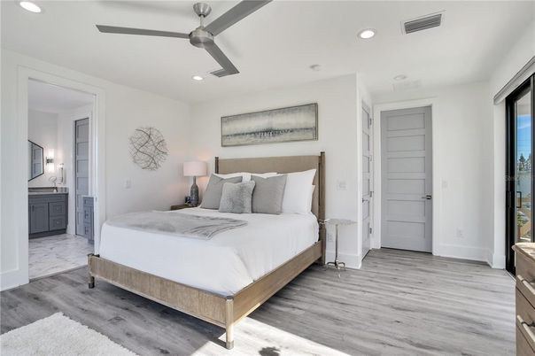Bedroom, Interior, Recessed Lighting, Wood Texture Flooring