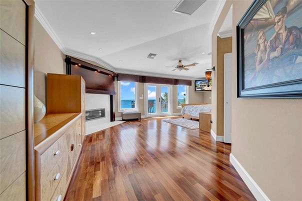 Bedroom, Fireplace, Interior, Recessed Lighting, Wood Texture Flooring