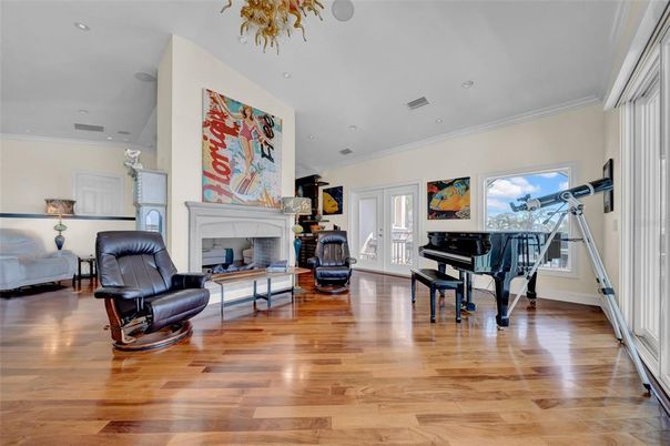 Fireplace, Interior, Piano, Recessed Lighting, Wood Texture Flooring