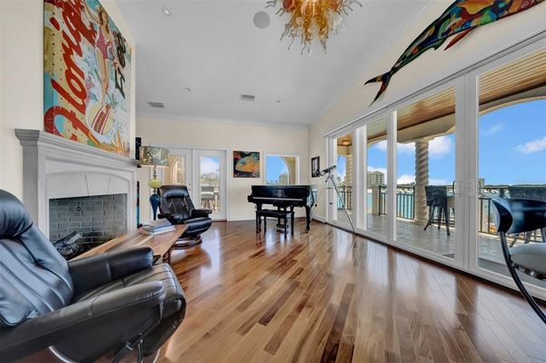 Fireplace, Interior, Piano, Recessed Lighting, Wood Texture Flooring