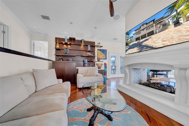 Fireplace, Interior, Living room, Recessed Lighting, Wood Texture Flooring