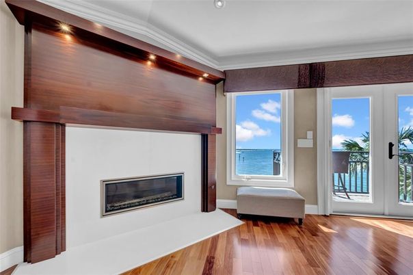 Fireplace, Interior, Recessed Lighting, Water, Wood Texture Flooring