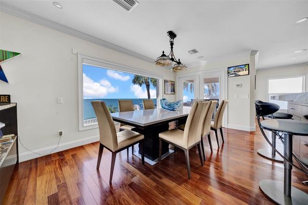 Dining room, Interior, Pendant Lights, Recessed Lighting, Water, Wood Texture Flooring