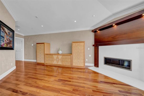 Empty room, Fireplace, Interior, Recessed Lighting, Wood Texture Flooring