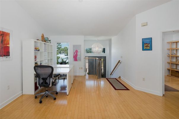Chandelier, Fireplace, Home Office, Interior, Wood Texture Flooring