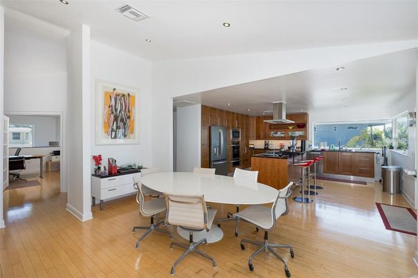 Dining room, Interior, Kitchen, Recessed Lighting, Stainless Steel Appliances, Wood Texture Flooring