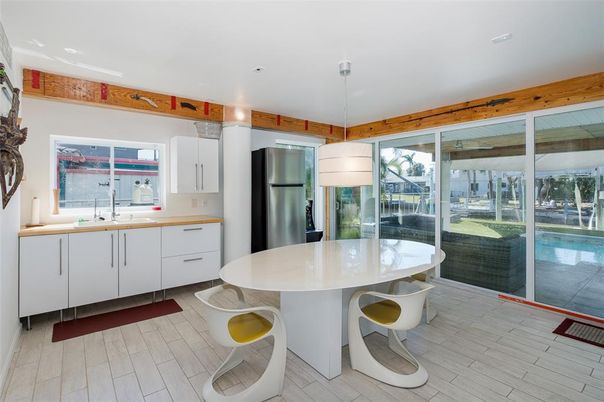 Dining room, Interior, Kitchen, Pendant Lights, Recessed Lighting, Stainless Steel Appliances, Wood Texture Flooring