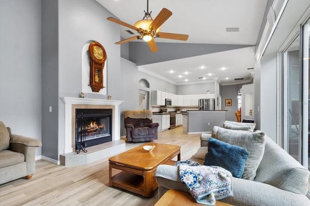 Fireplace, Interior, Kitchen, Living room, Recessed Lighting, Wood Texture Flooring