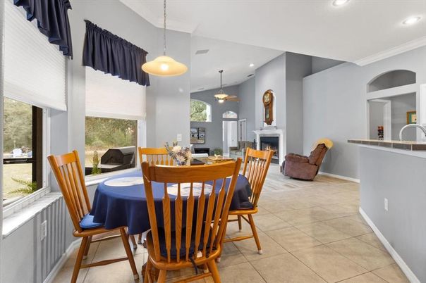 Dining room, Fireplace, Interior, Pendant Lights, Recessed Lighting