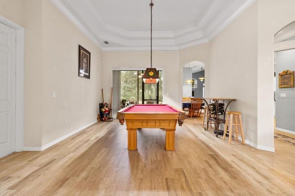 Billiard Table, Game Room, Interior, Pendant Lights, Wood Texture Flooring