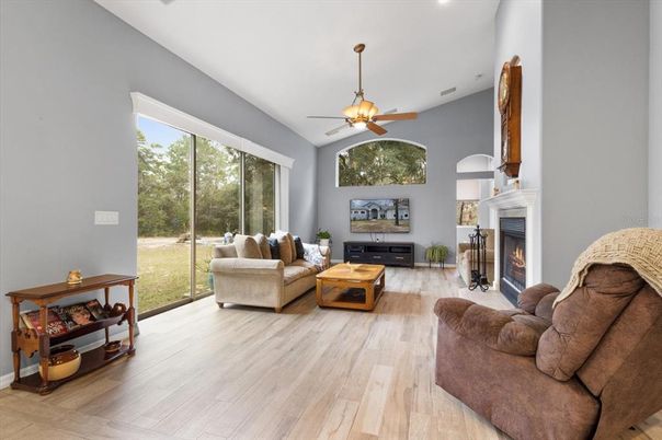 Fireplace, Interior, Living room, Recessed Lighting, Wood Texture Flooring