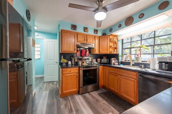 Interior, Kitchen, Stainless Steel Appliances, Wood Texture Flooring