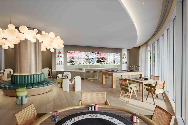 Billiard Table, Dining room, Game Room, Interior, Pendant Lights, Wood Texture Flooring