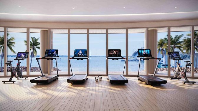 Fitness Equipment, Gym, Interior, Recessed Lighting, Water, Wood Texture Flooring