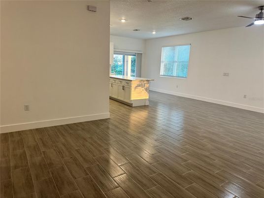 Empty room, Interior, Kitchen, Recessed Lighting, Wood Texture Flooring