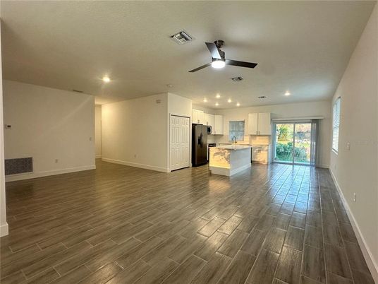 Empty room, Interior, Kitchen, Recessed Lighting, Wood Texture Flooring