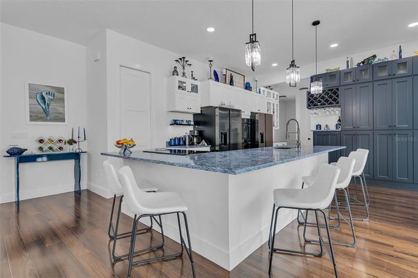 Interior, Kitchen, Pendant Lights, Recessed Lighting, Wood Texture Flooring
