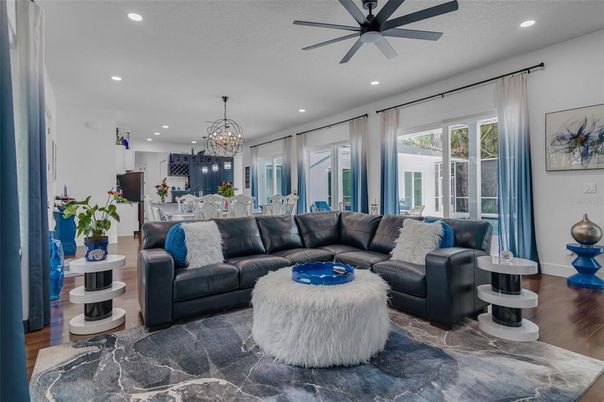 Chandelier, Dining room, Interior, Kitchen, Living room, Recessed Lighting, Wood Texture Flooring