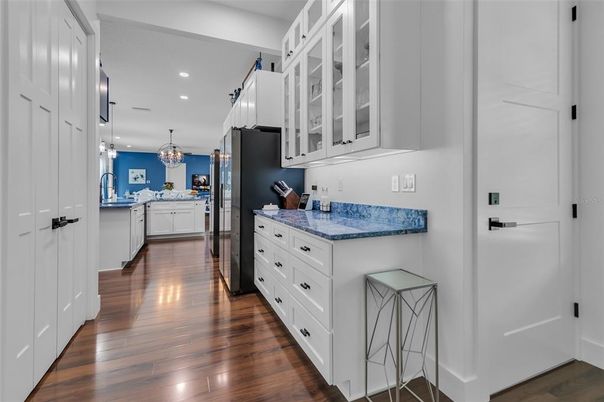 Chandelier, Interior, Kitchen, Recessed Lighting, Wood Texture Flooring