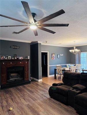 Chandelier, Dining room, Fireplace, Interior, Wood Texture Flooring