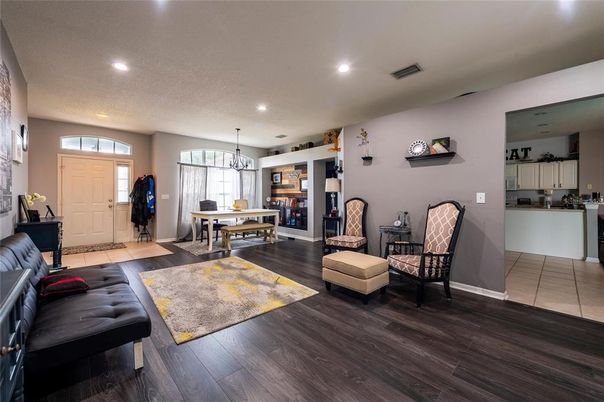 Dining room, Interior, Pendant Lights, Recessed Lighting, Wood Texture Flooring