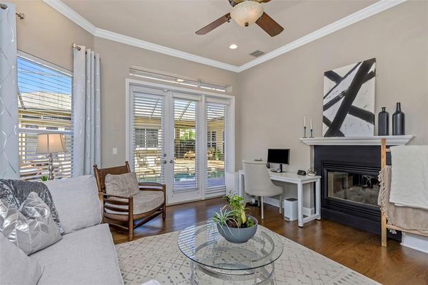 Fireplace, Home Office, Interior, Recessed Lighting, Wood Texture Flooring