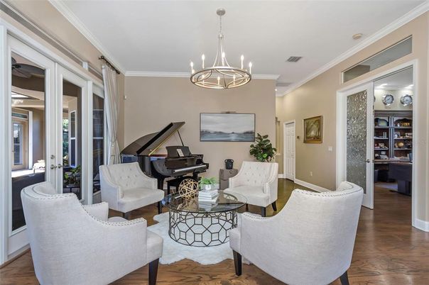 Chandelier, Interior, Living room, Pendant Lights, Piano, Wood Texture Flooring