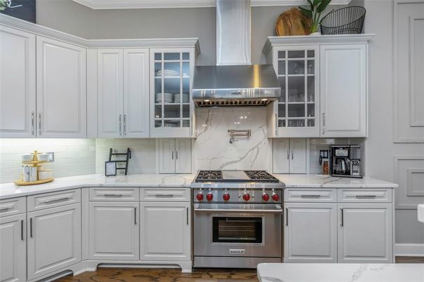 Interior, Kitchen, Marble Walls, Stainless Steel Appliances, Wood Texture Flooring