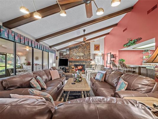 Fireplace, Interior, Living room, Pendant Lights, Stone Walls, Wooden Beams