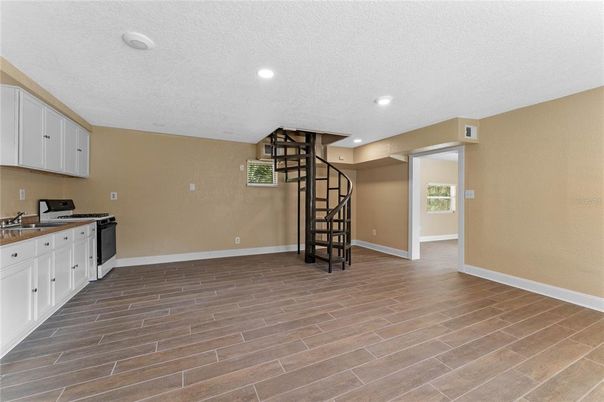 Empty room, Interior, Kitchen, Recessed Lighting, Wood Texture Flooring