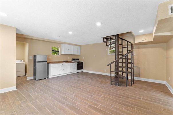 Interior, Kitchen, Recessed Lighting, Wood Texture Flooring