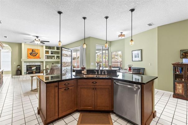 Dining room, Fireplace, Interior, Kitchen, Pendant Lights