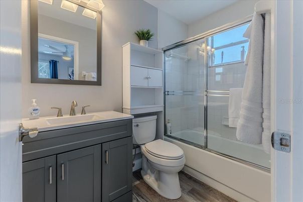 Bathroom, Glass Shower, Interior, Wood Texture Flooring