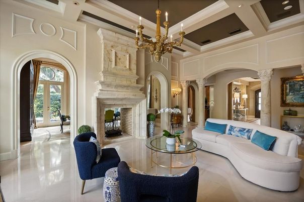 Chandelier, Fireplace, Interior, Living room, Recessed Lighting