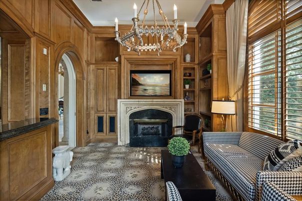 Chandelier, Fireplace, Interior, Living room, Wooden Walls