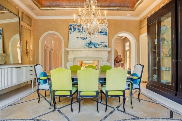 Chandelier, Dining room, Fireplace, Interior