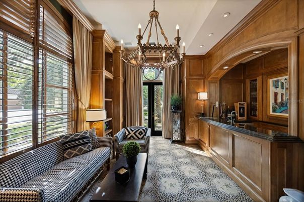 Chandelier, Interior, Living room, Recessed Lighting, Wooden Walls